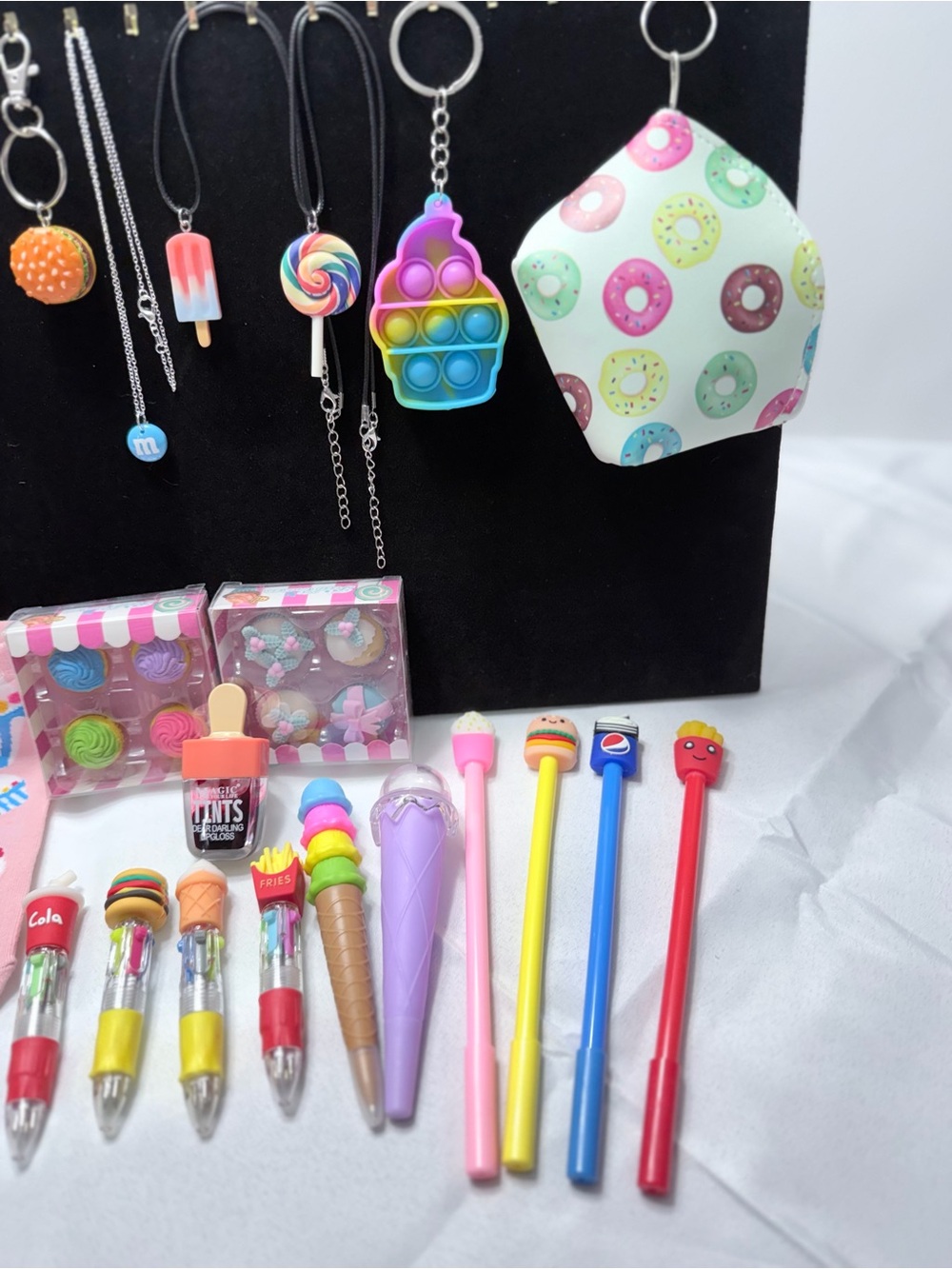 25-Piece Junk Food Themed Mixed Lot Fun Foodie Bundle Pens Erasers Socks Jewelry - Picture 5 of 12